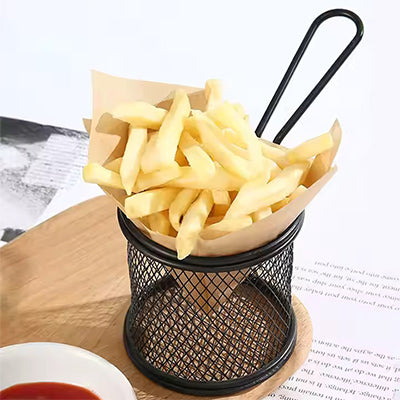 Mini Stainless Steel French Fries Basket – Square & Round Snack/Fries Serving  Basket with Handle for Kitchen, Café & Party Presentation